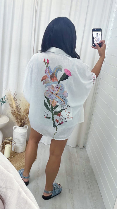 Oriental Print Oversized Linen Shirt - WHITE
