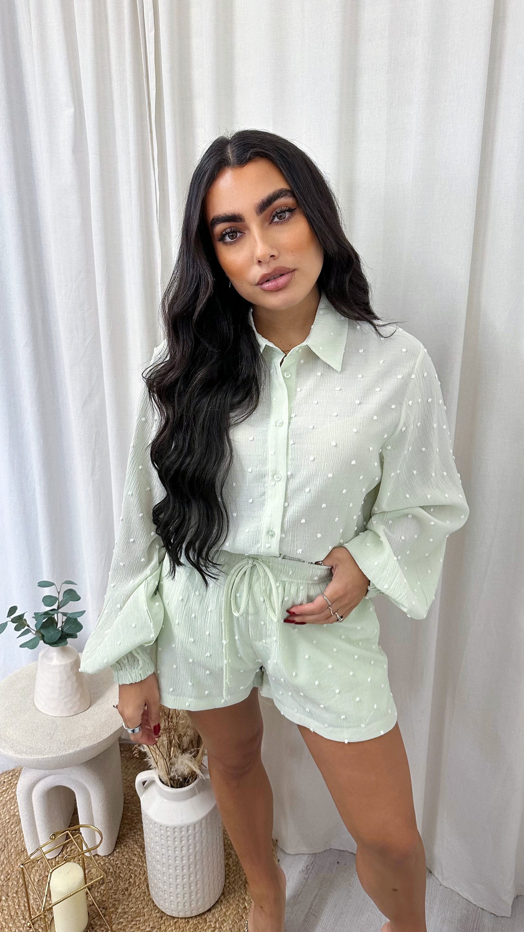 Tufted Polka Dot Shirt and Shorts Co-Ord - SAGE GREEN