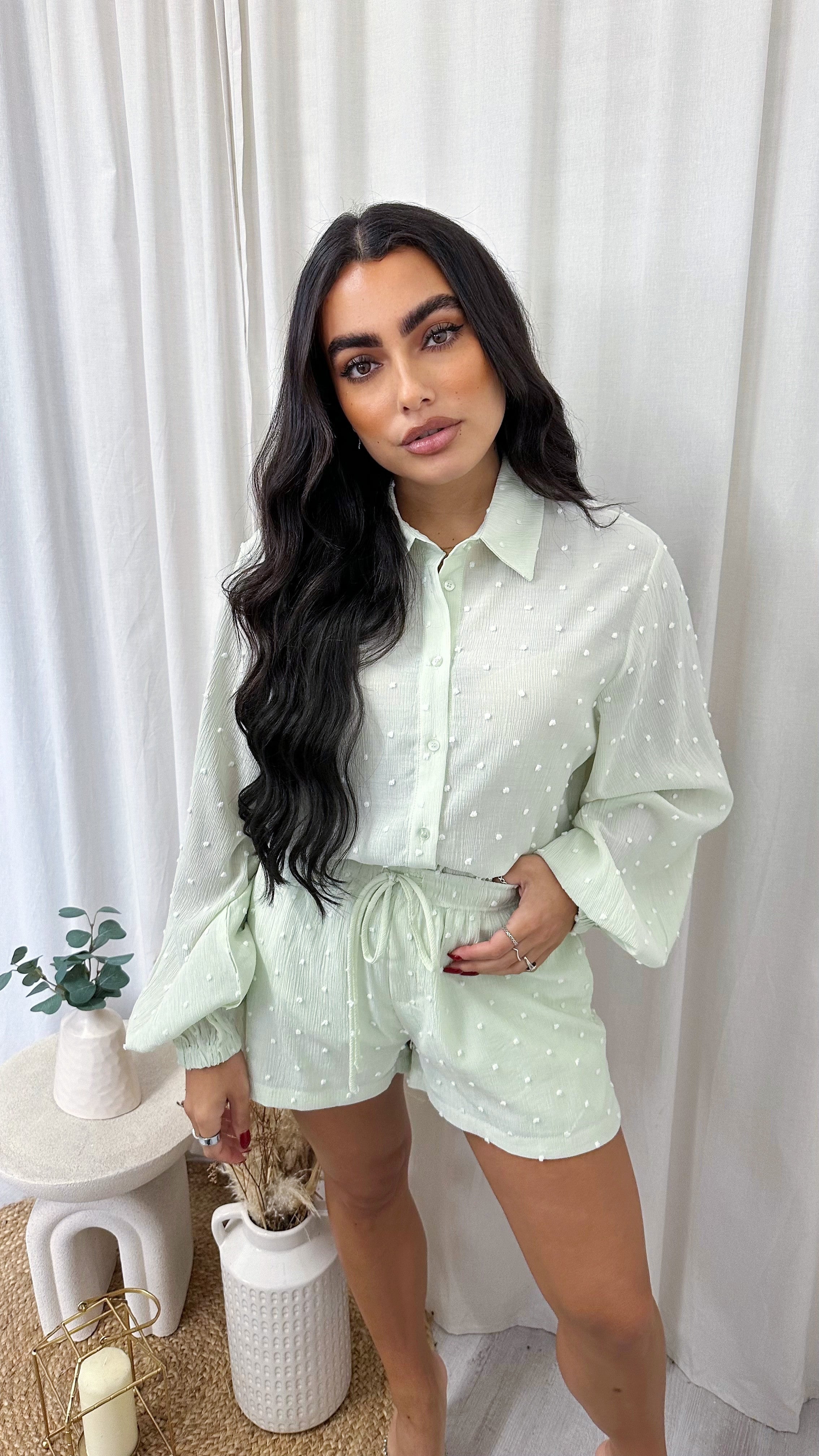 Tufted Polka Dot Shirt and Shorts Co-Ord - SAGE GREEN