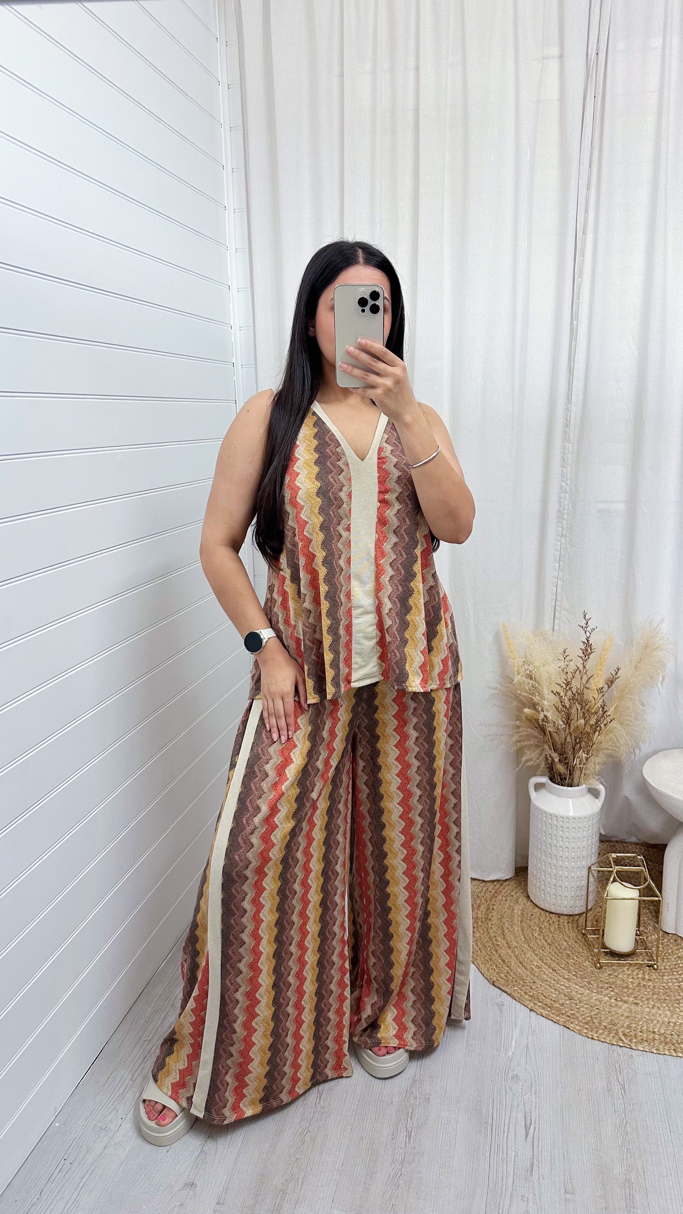 A-Line Zig Zag Vest Top and Slit Wide Leg Trousers Co-Ord - BROWN/BEIGE