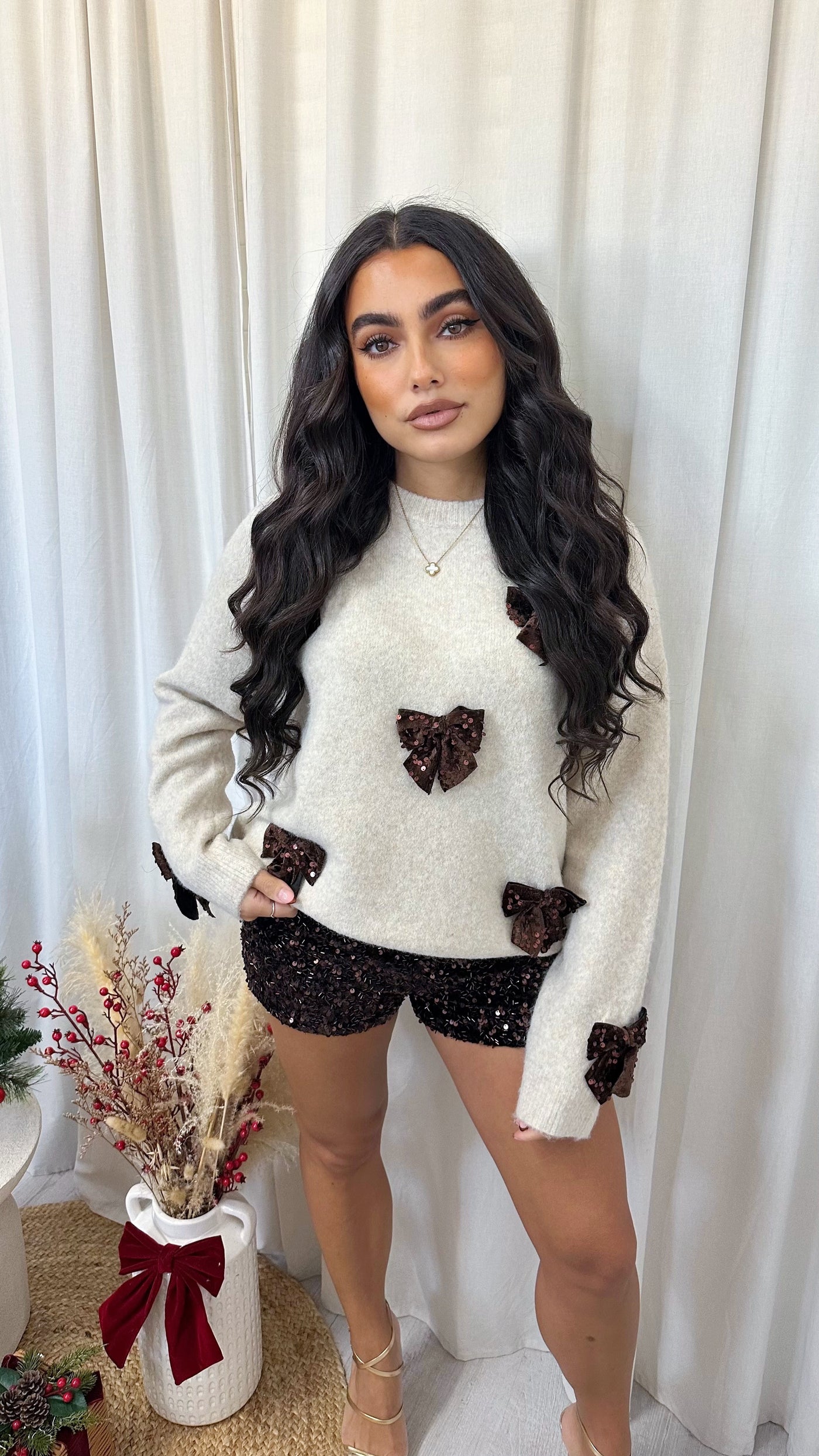 Velvet Sequin Bow Woollen Jumper - CREAM/BROWN