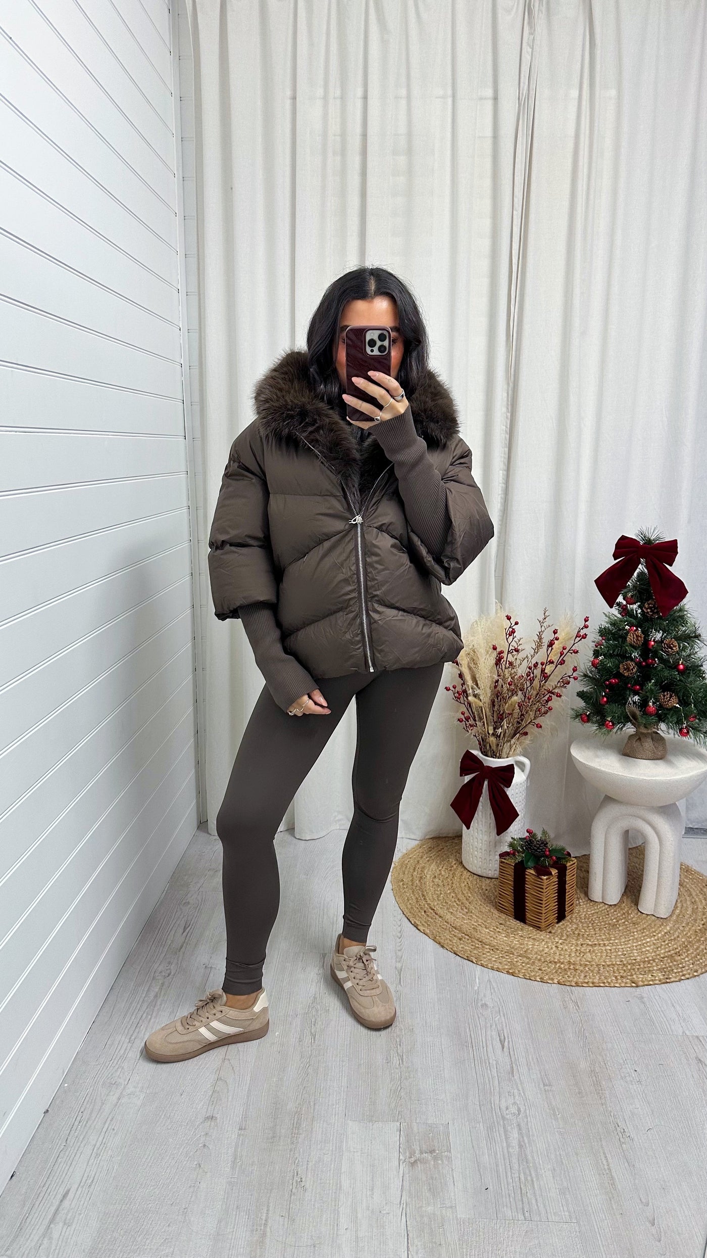 Fur Trim Hooded Puffer Coat - BROWN
