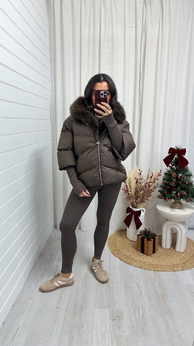 Fur Trim Hooded Puffer Coat - BROWN