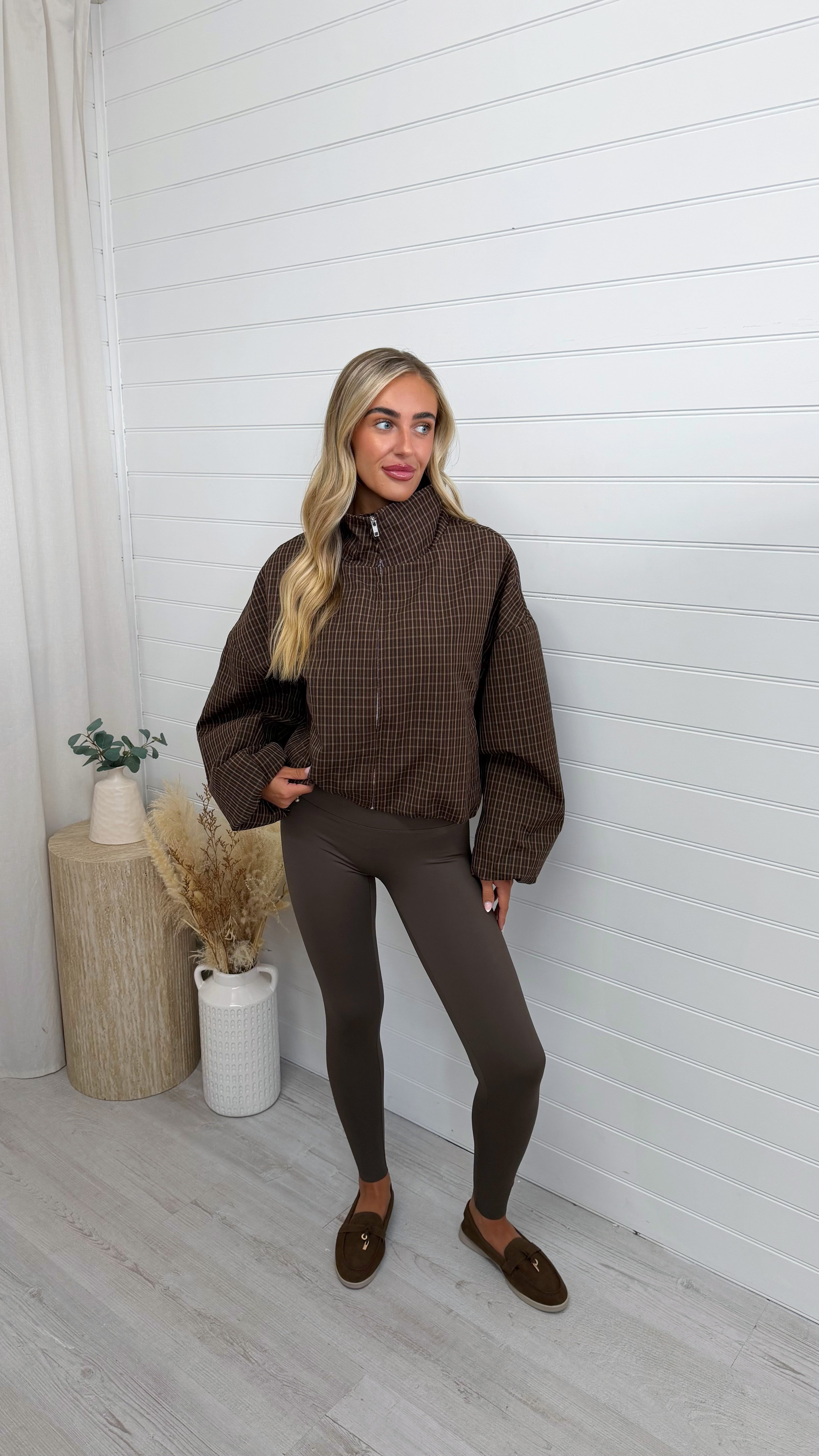 High Neck Check Bomber Jacket - BROWN