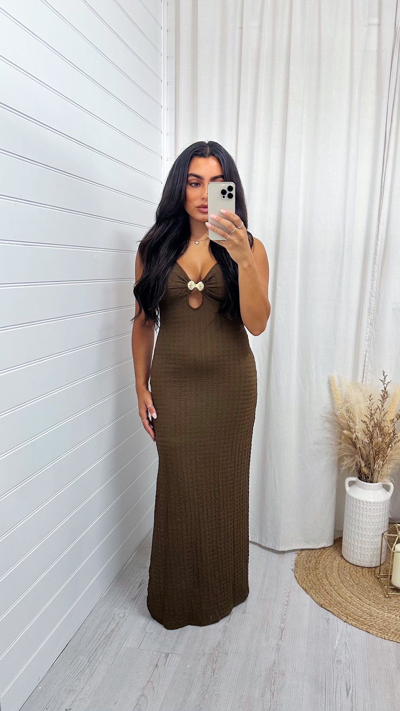 Seashell Buckle Plunge Maxi Dress - BROWN