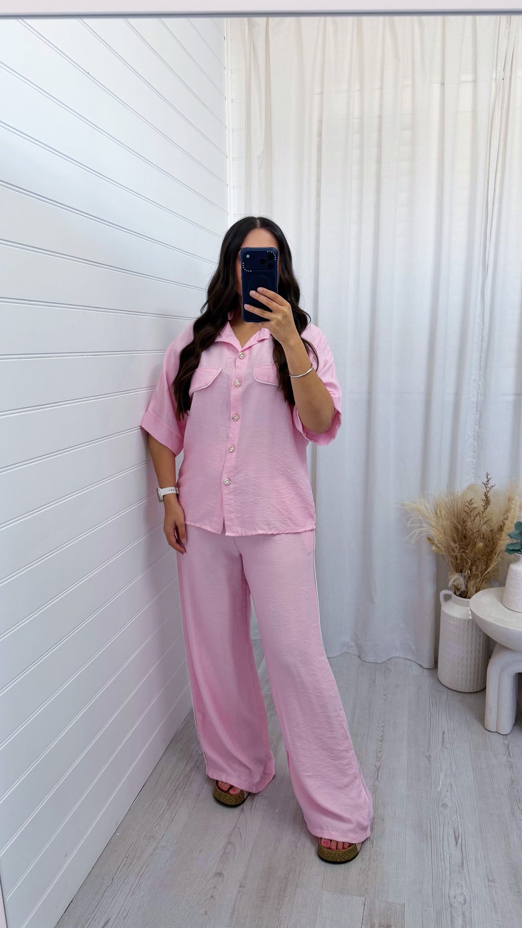 White Piped Shirt and Trousers Co-Ord - BABY PINK