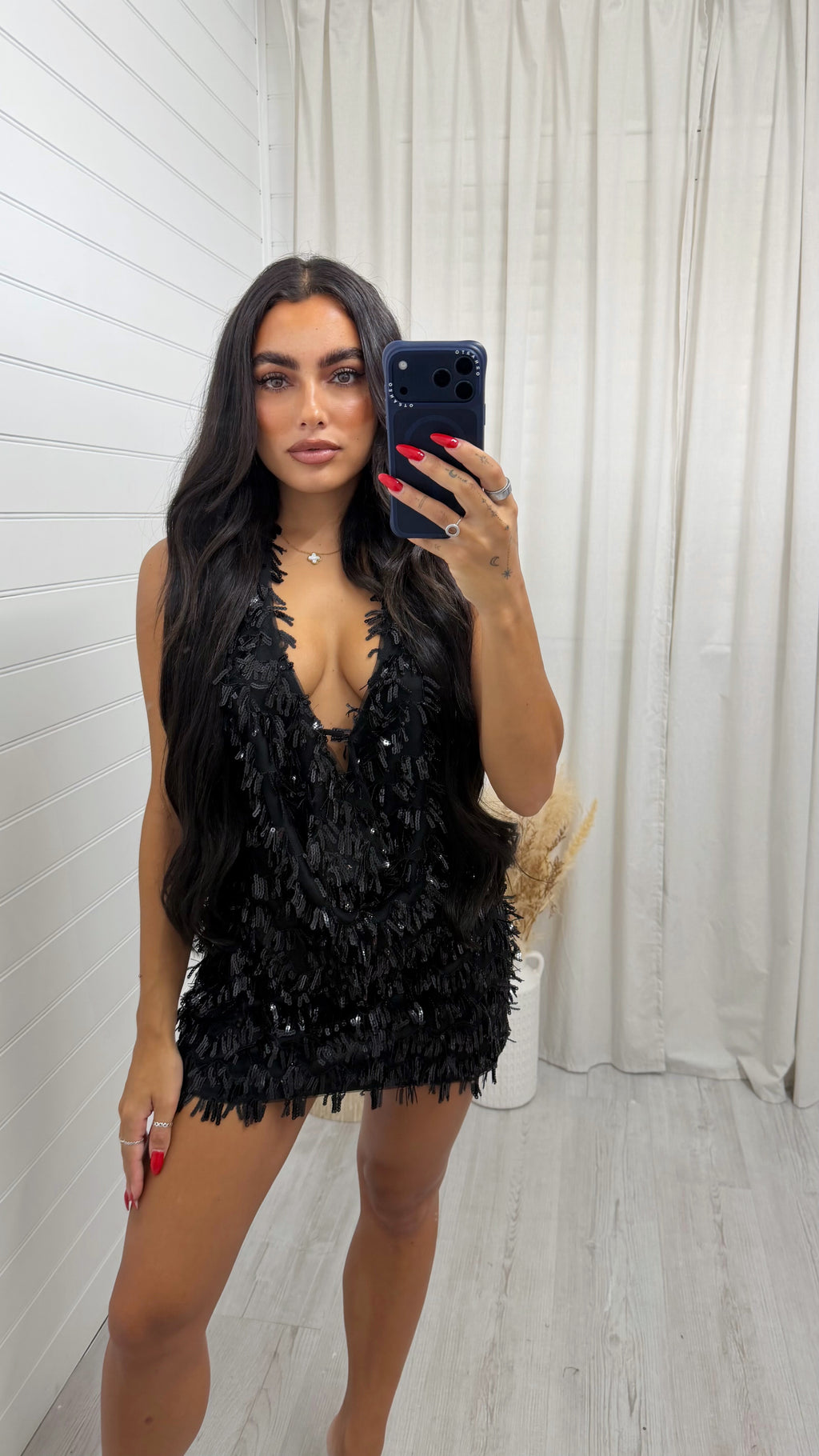 Cowl Neck Sequin Top and Skirt Set - BLACK