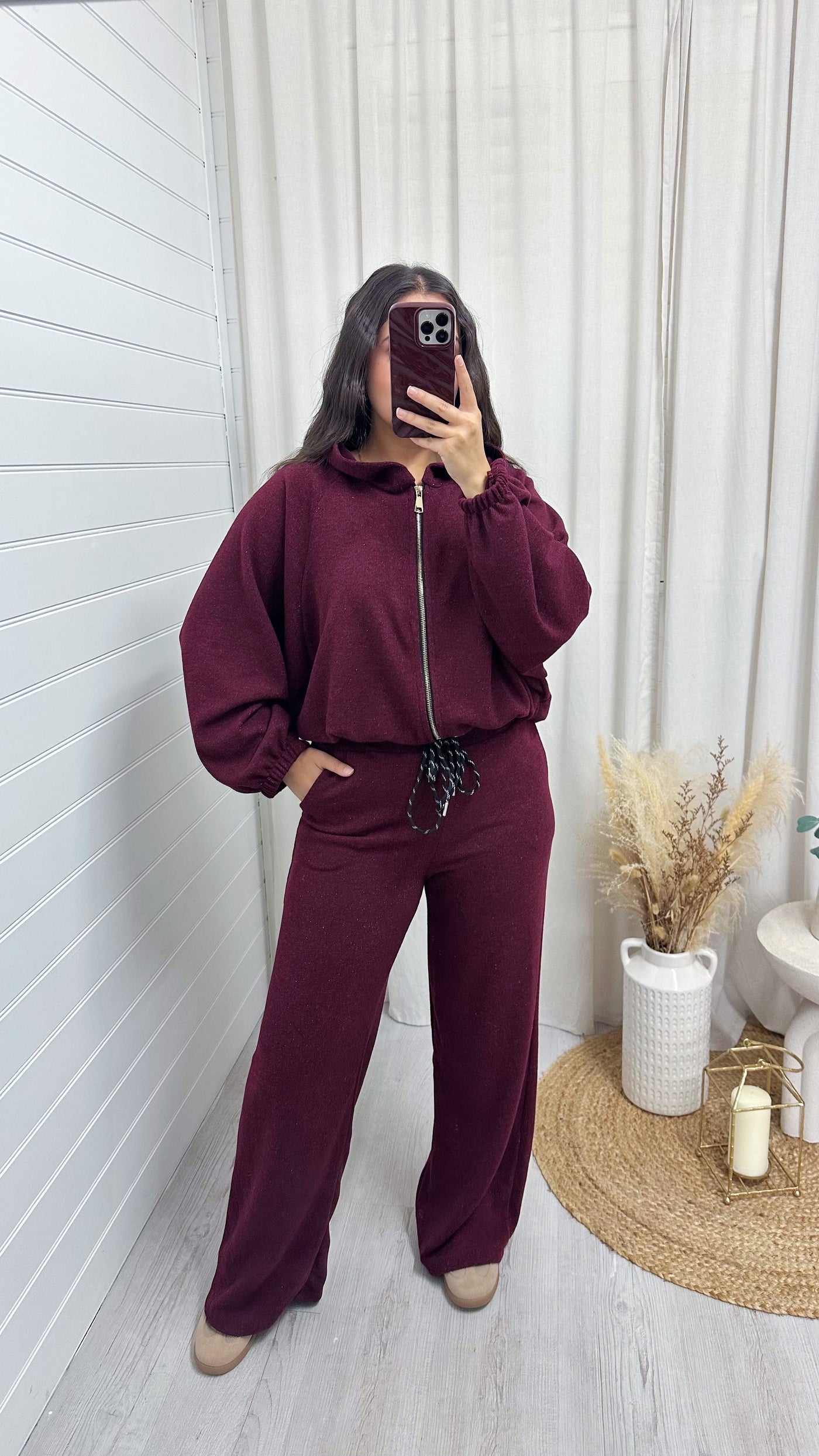Shimmery Knitted  Bomber Jacket and Joggers Co-Ord - WINE