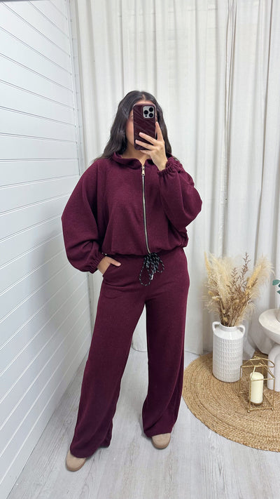 Shimmery Knitted  Bomber Jacket and Joggers Co-Ord - WINE