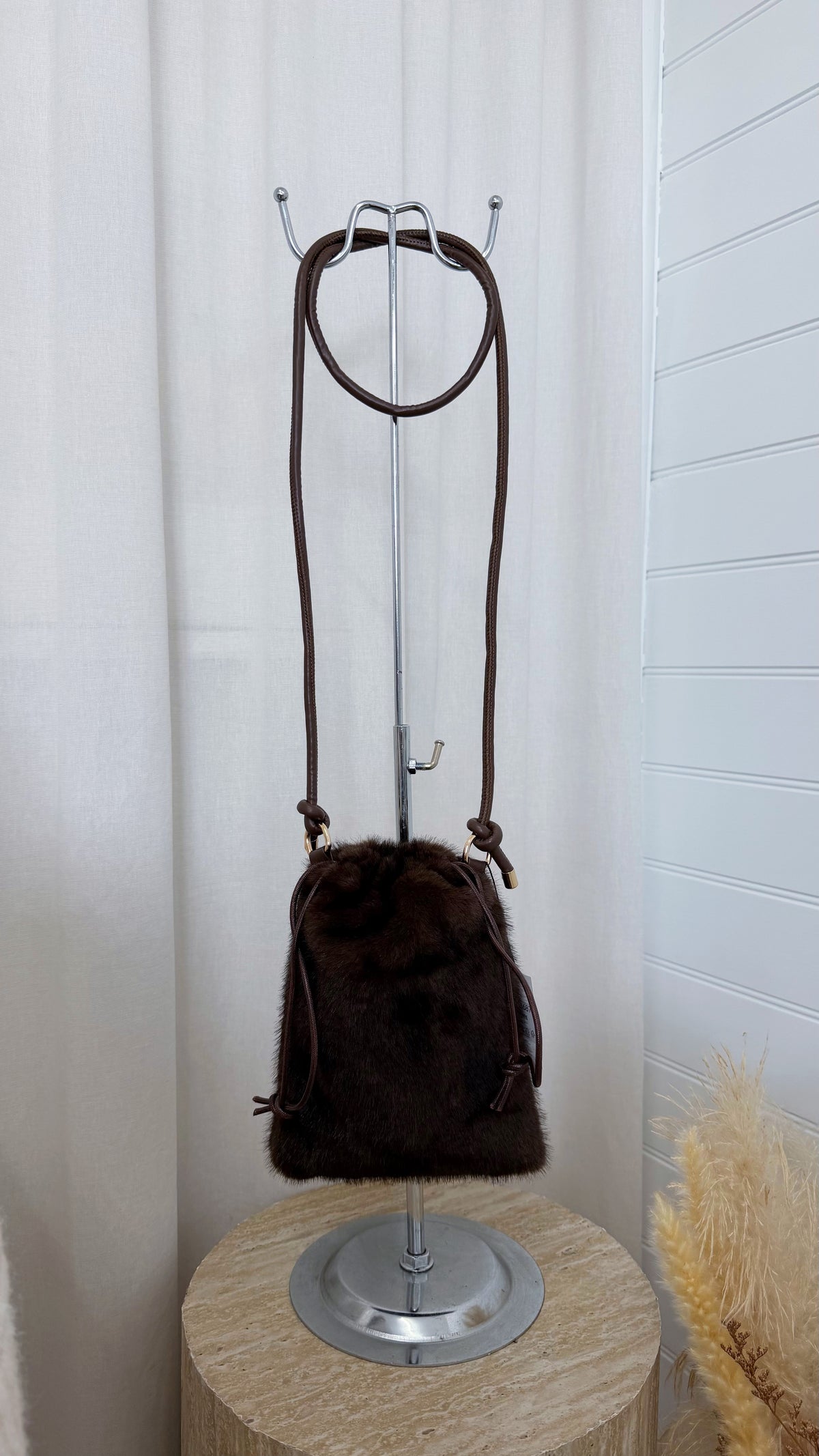 Faux Fur Pouch Bag - BROWN