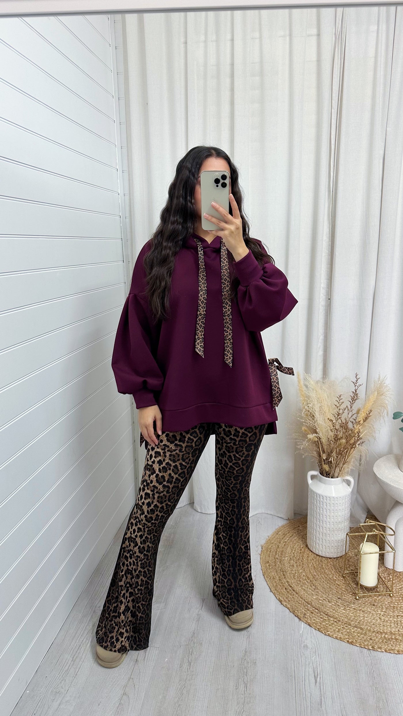 Leopard Print Ribbon Side Slit Hoodie - WINE