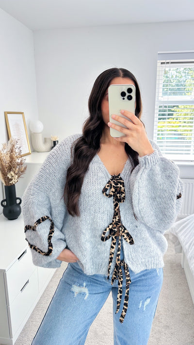 Leopard Bow Tie Cardigan - GREY