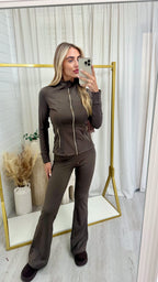 Gold Zip Jacket and Flares Gym Set - BROWN