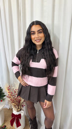 Soft Woollen Stripey Half Zip Jumper - BROWN/PINK