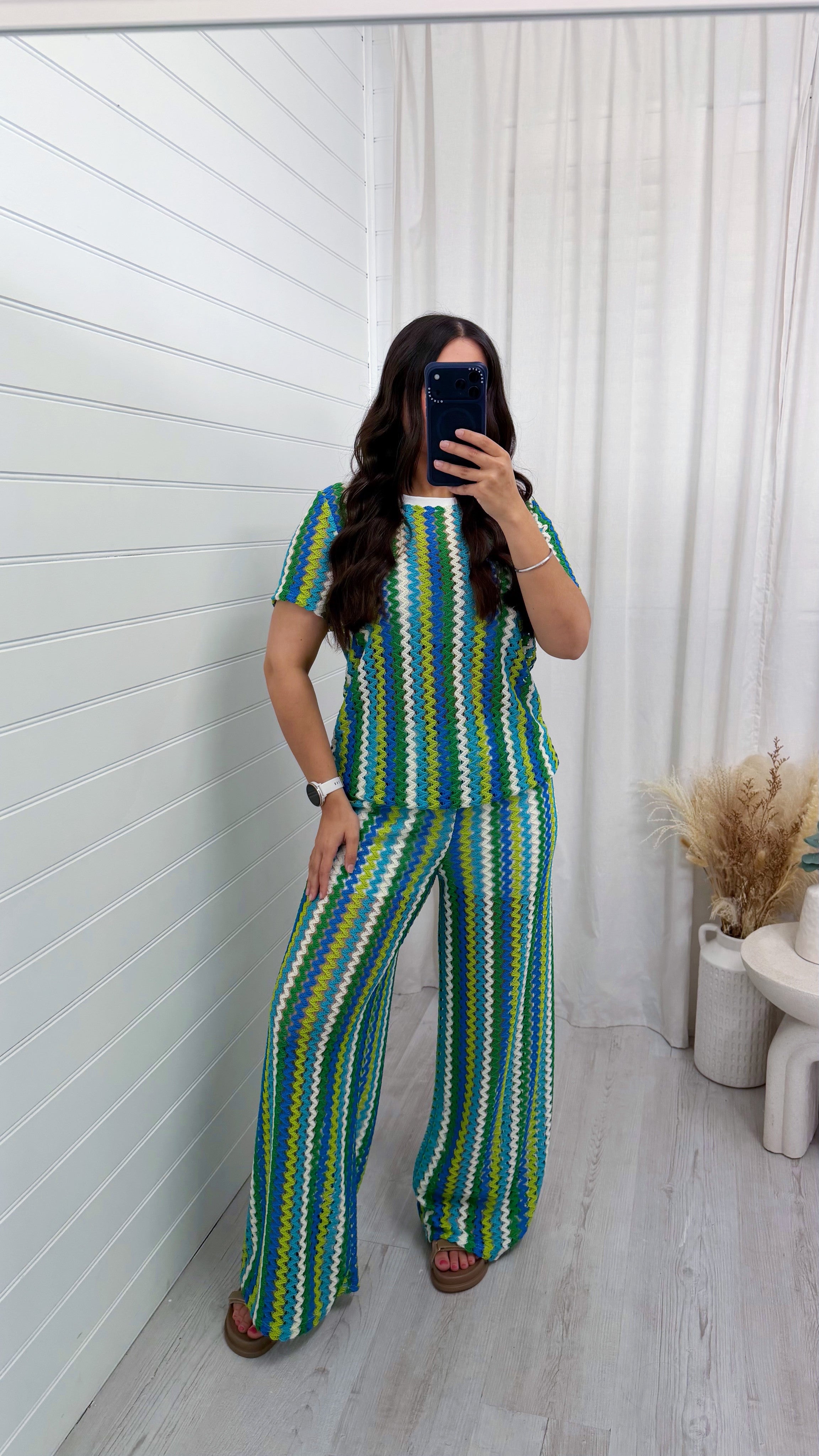 Zig Zag Crochet T-Shirt and Trousers Co-Ord - BLUE/GREEN