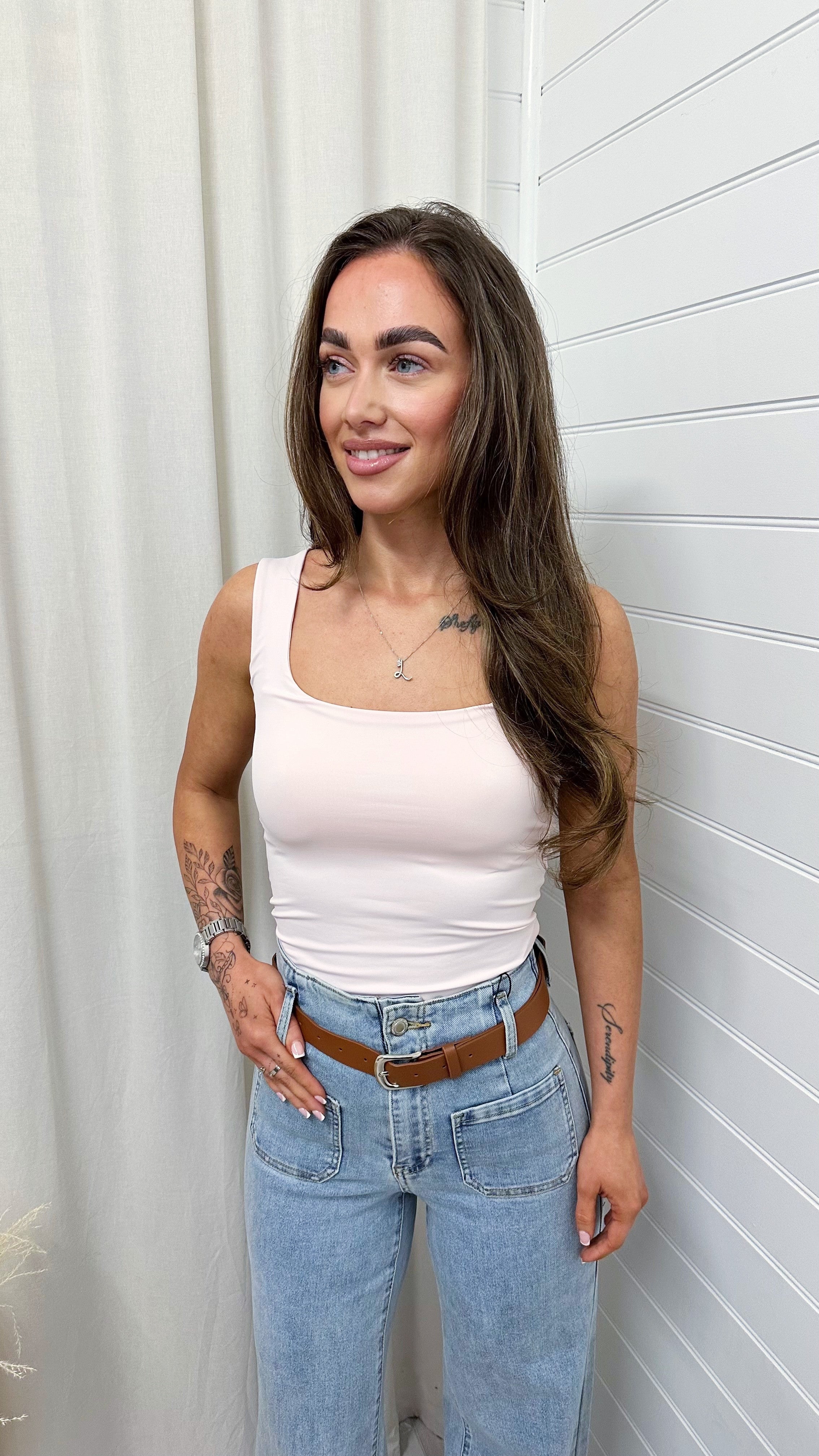 Basic Square Neck Vest Top - BABY PINK