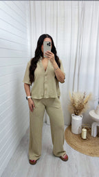 Cheesecloth Gold Button Shirt and Trousers Co-Ord - TAUPE