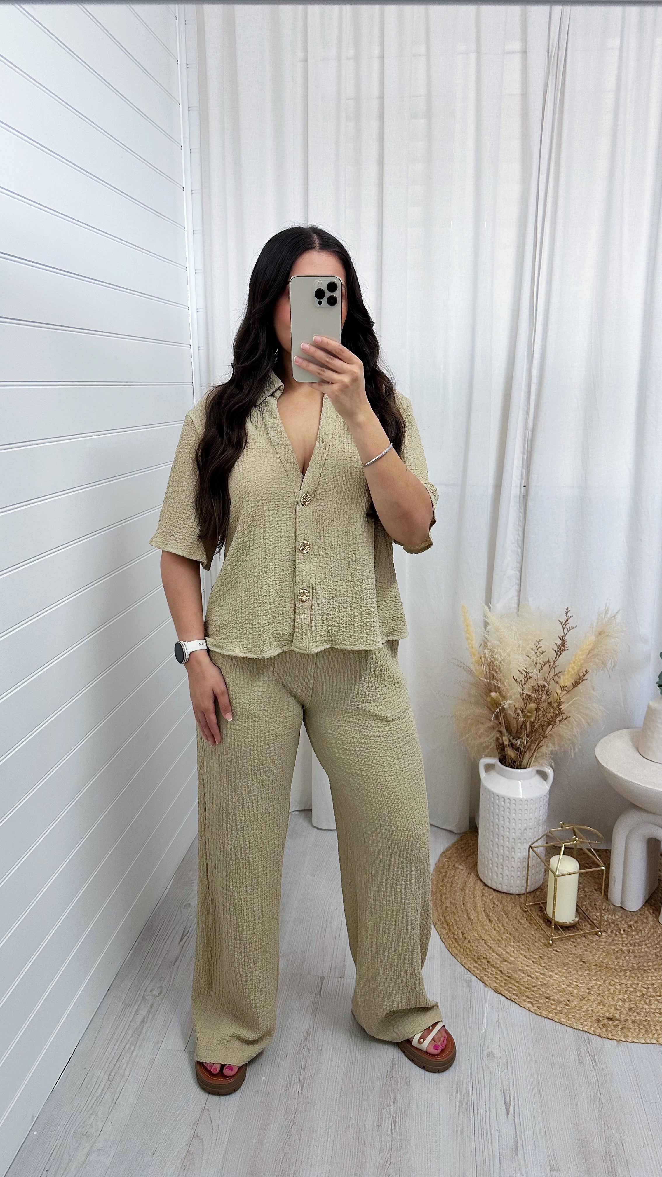 Cheesecloth Gold Button Shirt and Trousers Co-Ord - TAUPE