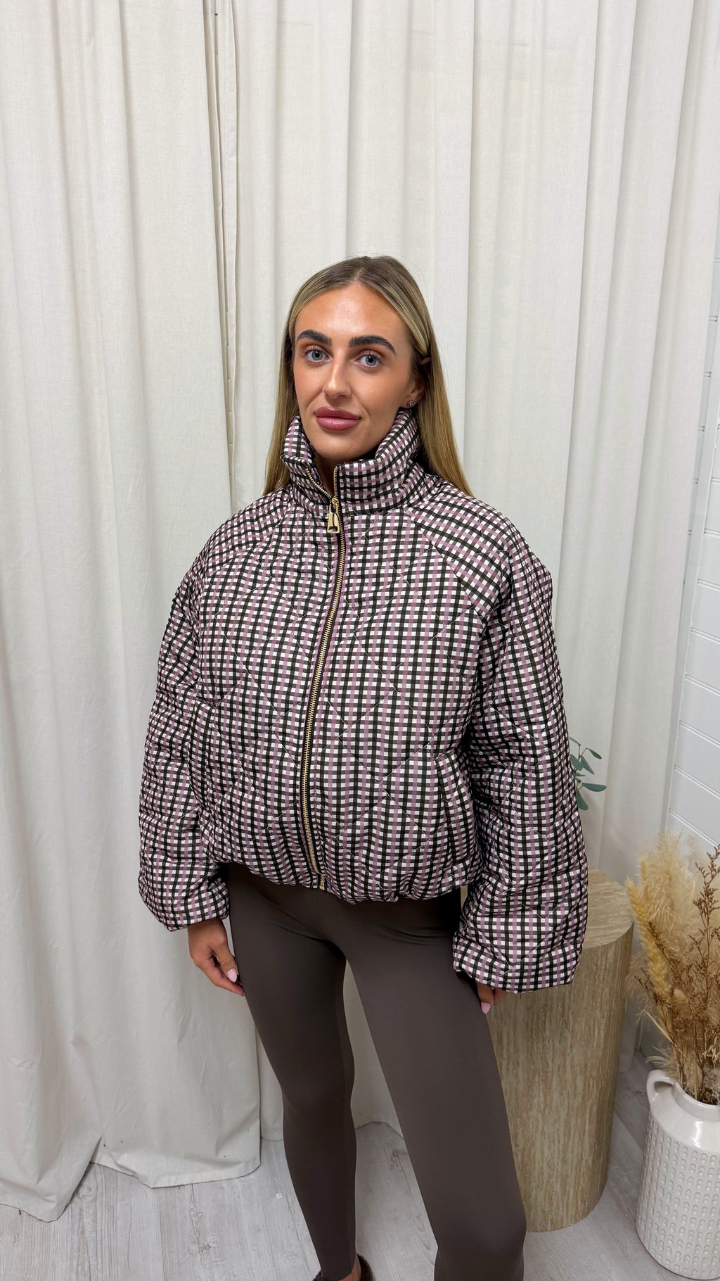 Quilted Gingham Bomber Jacket - PINK