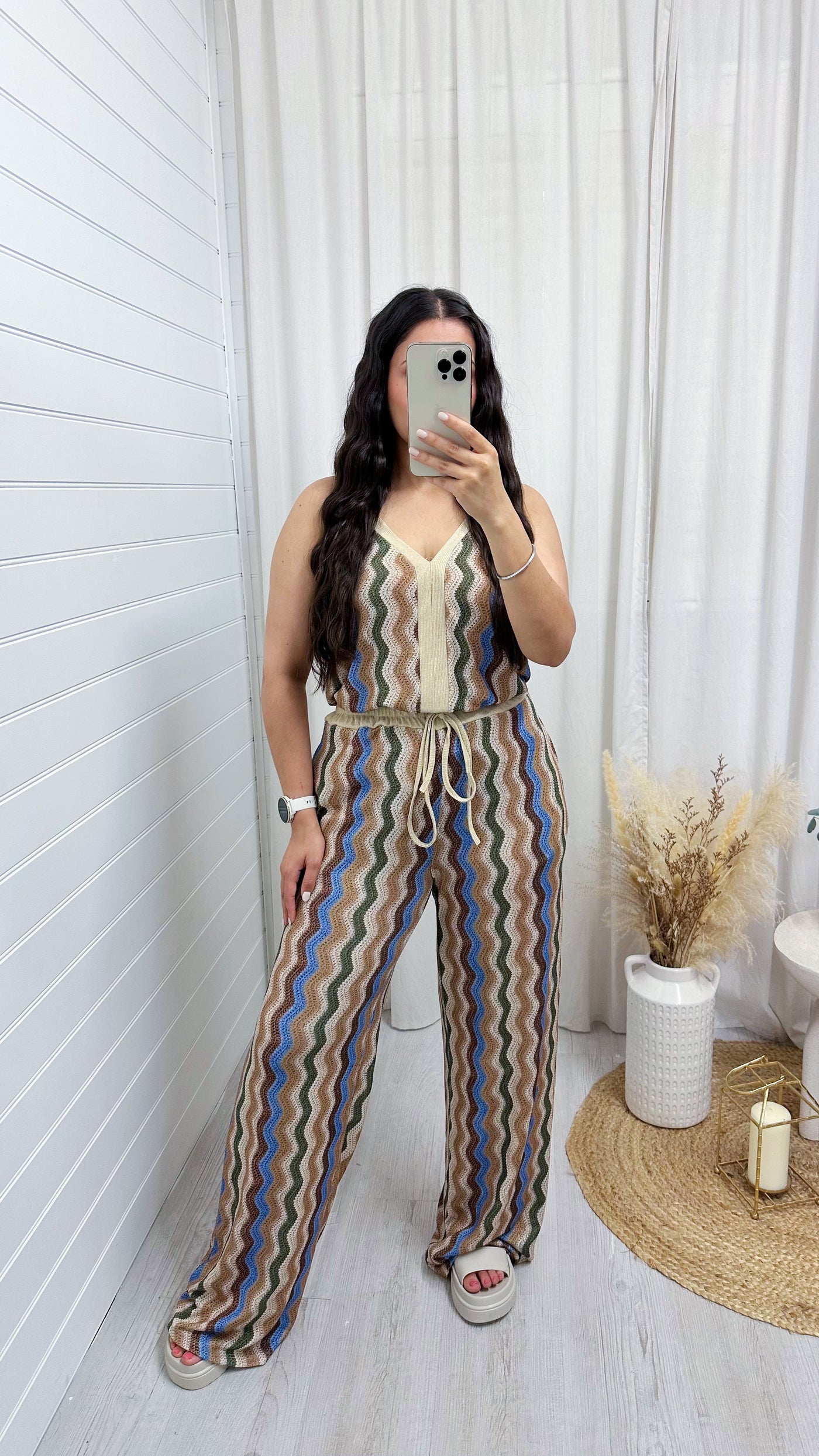 Zig Zag Strappy Vest Top and Wide Leg Trousers Co-Ord - BEIGE/GREEN