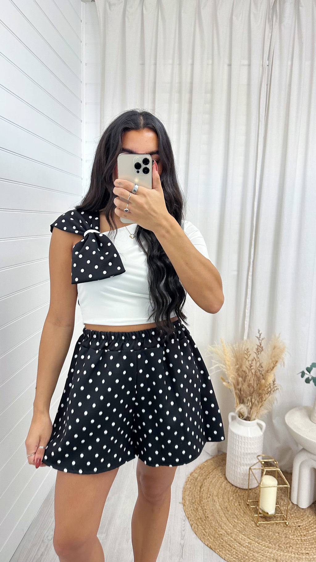 Bow Shoulder Polka Dot Top and Shorts Co-Ord - WHITE
