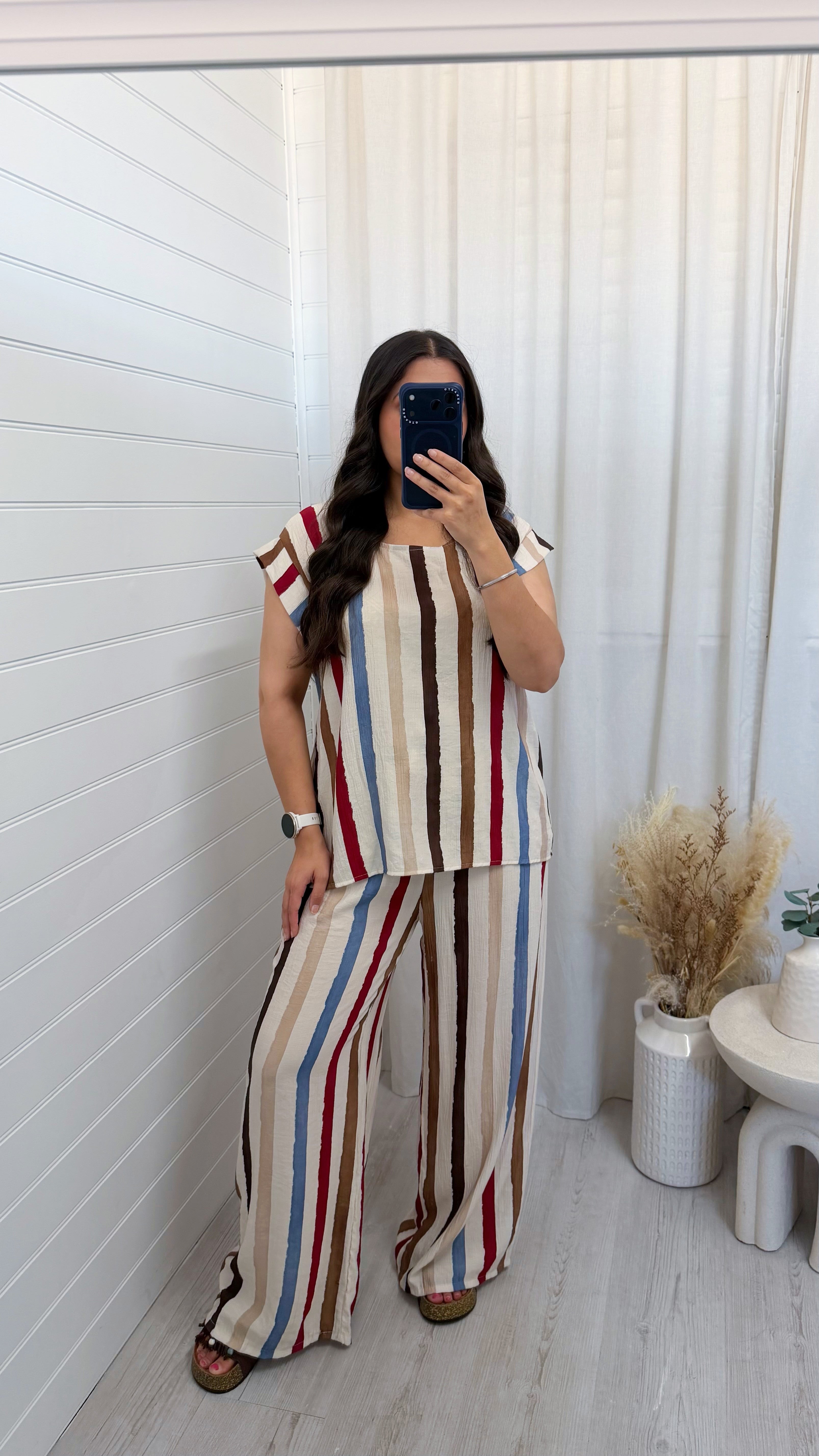 Block Stripe Frill Top and Trouser Co-Ord - BEIGE
