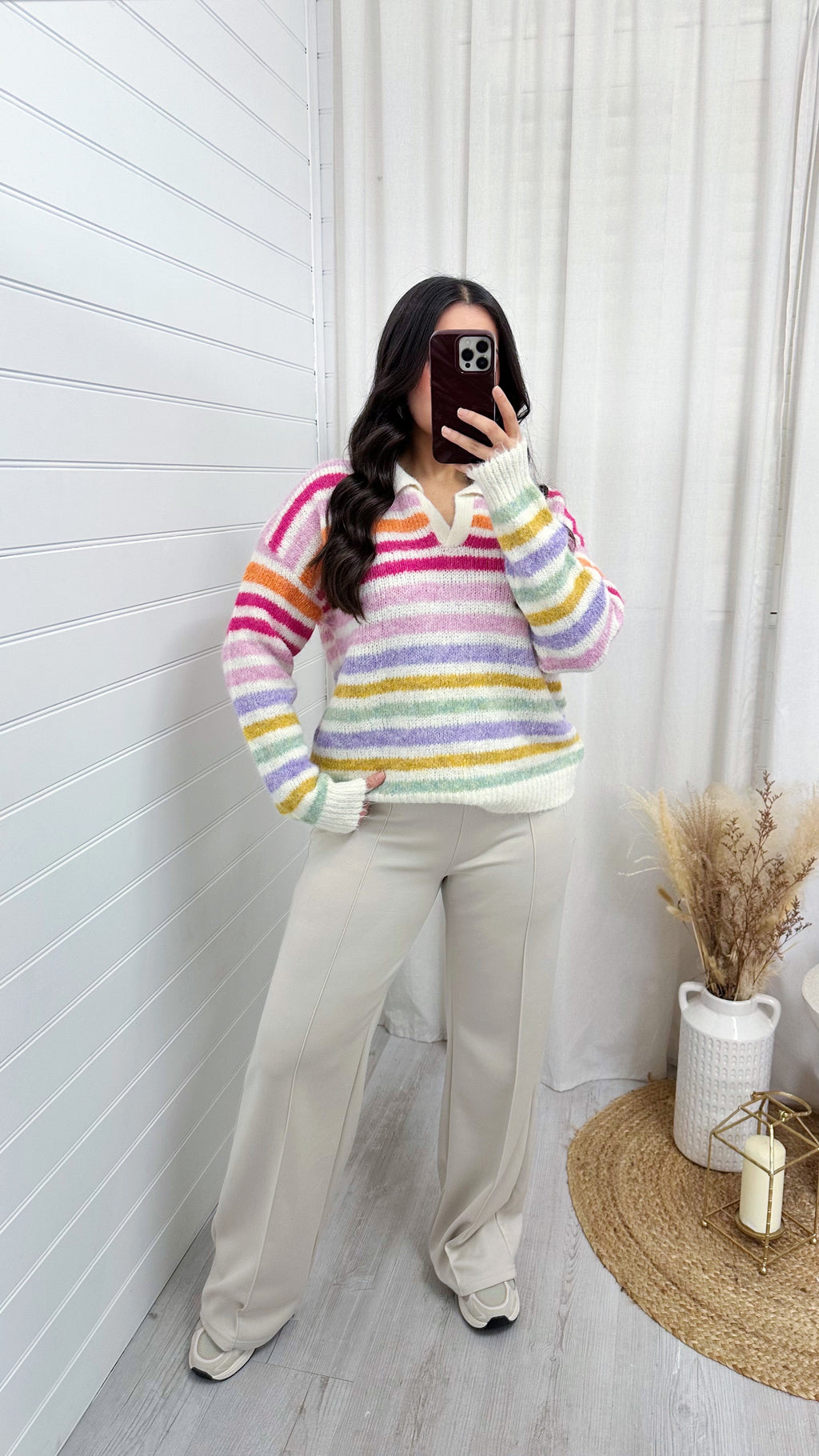 V Neck Stripey Mohair Jumper - MULTI