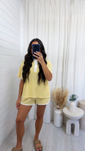 Crochet Stripe Collared Shirt and Shorts - LEMON