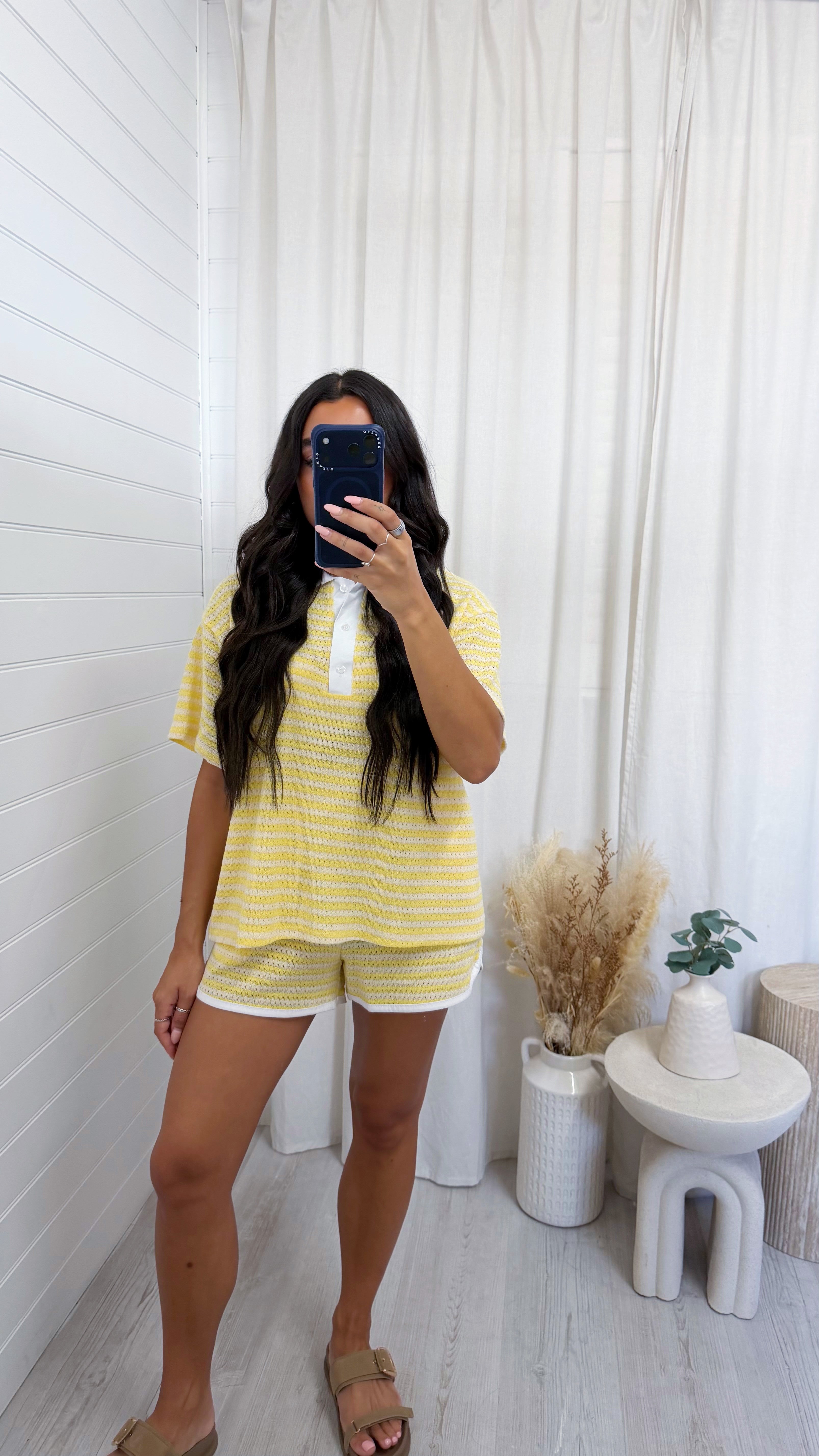 Crochet Stripe Collared Shirt and Shorts - LEMON