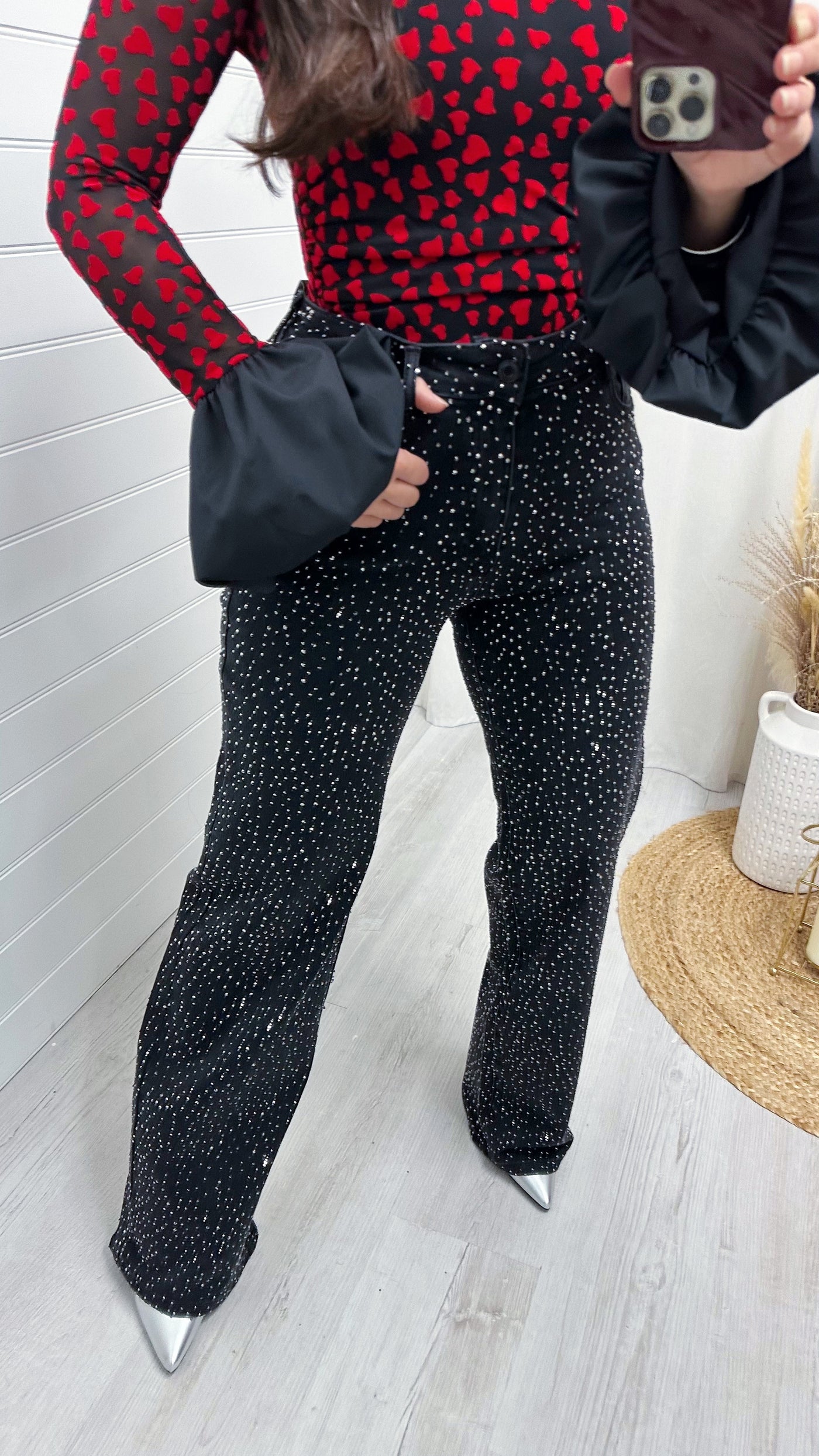 Wide Leg Rhinestone Jeans - BLACK