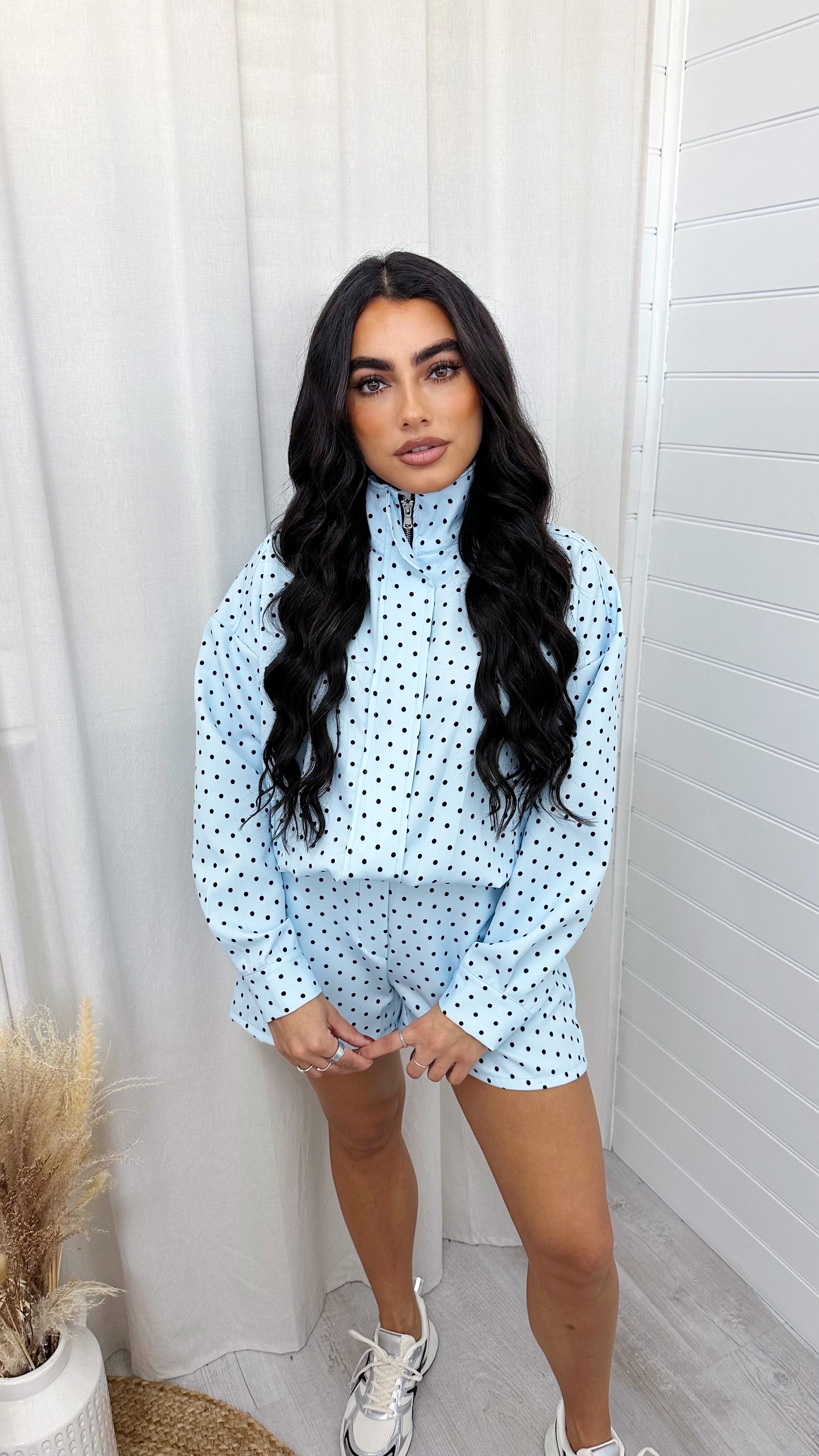 Polka Dot Bomber Jacket and Shorts Co-Ord - BABY BLUE