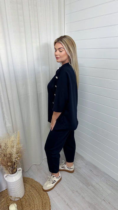 Button Shoulder Top and Barrel Fit Joggers Co-Ord - NAVY