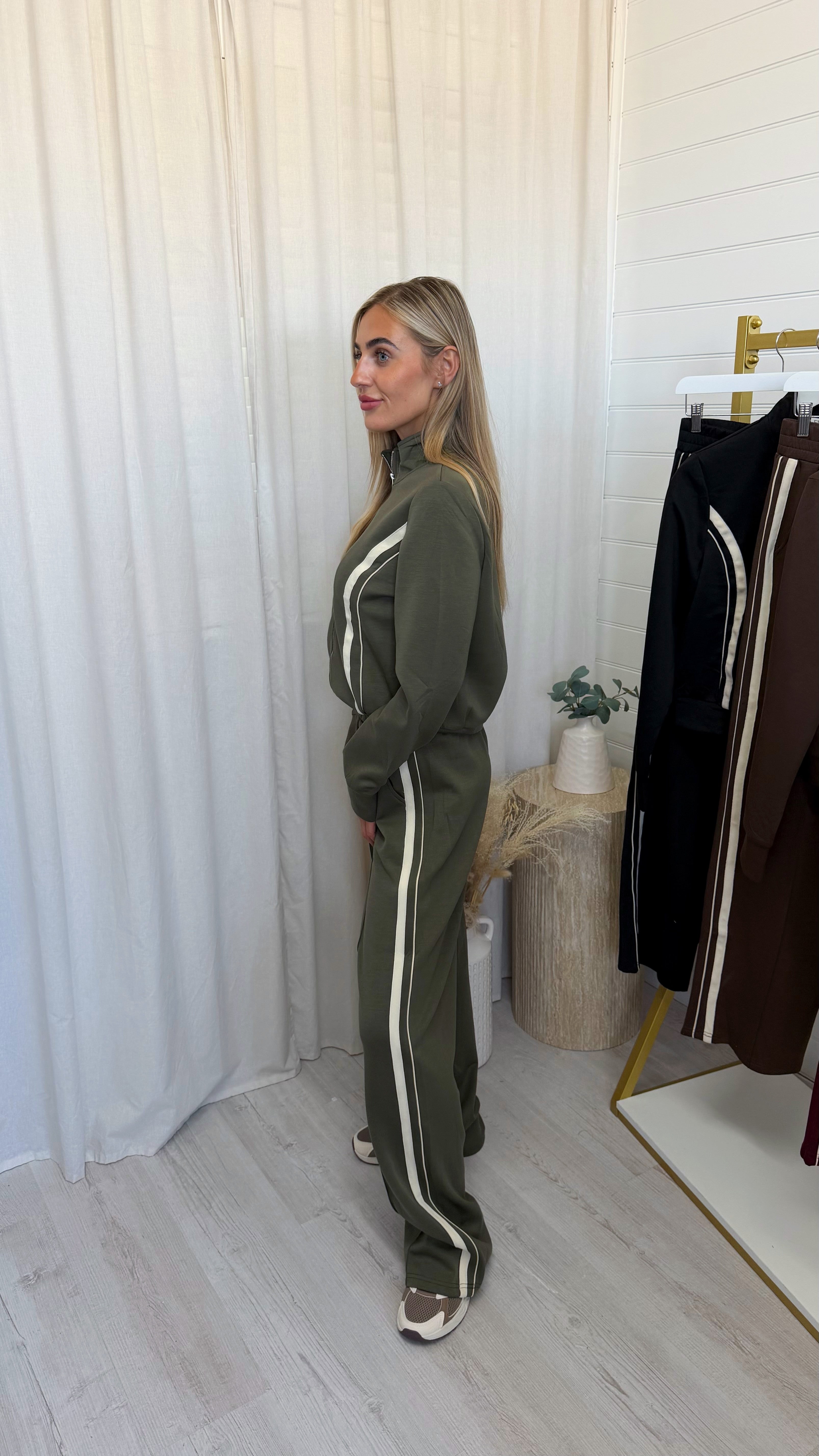 Contrast Stripe Jacket and Joggers Tracksuit - KHAKI