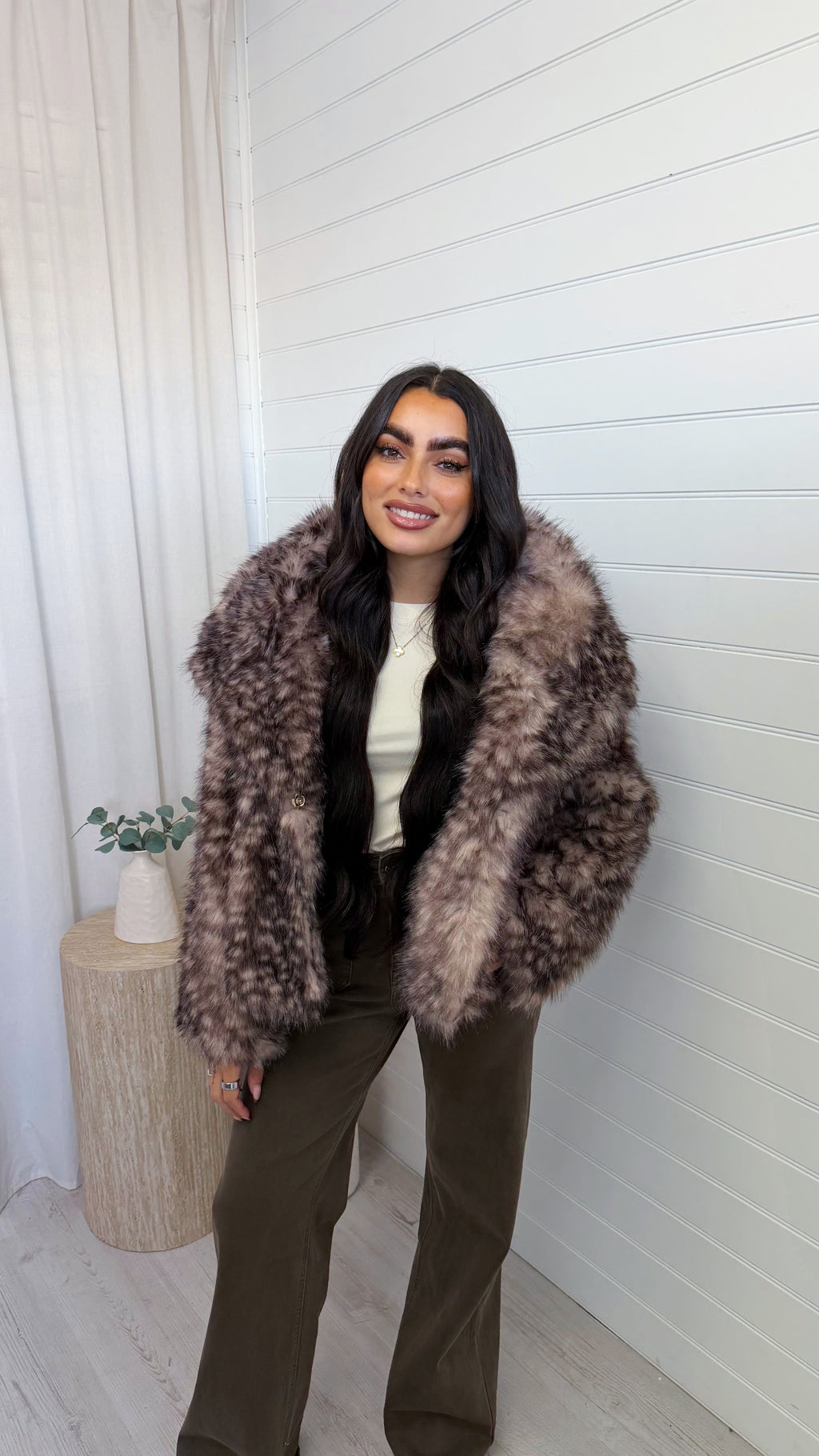Fluffy Faux Fur Deer Print Coat - TAUPE