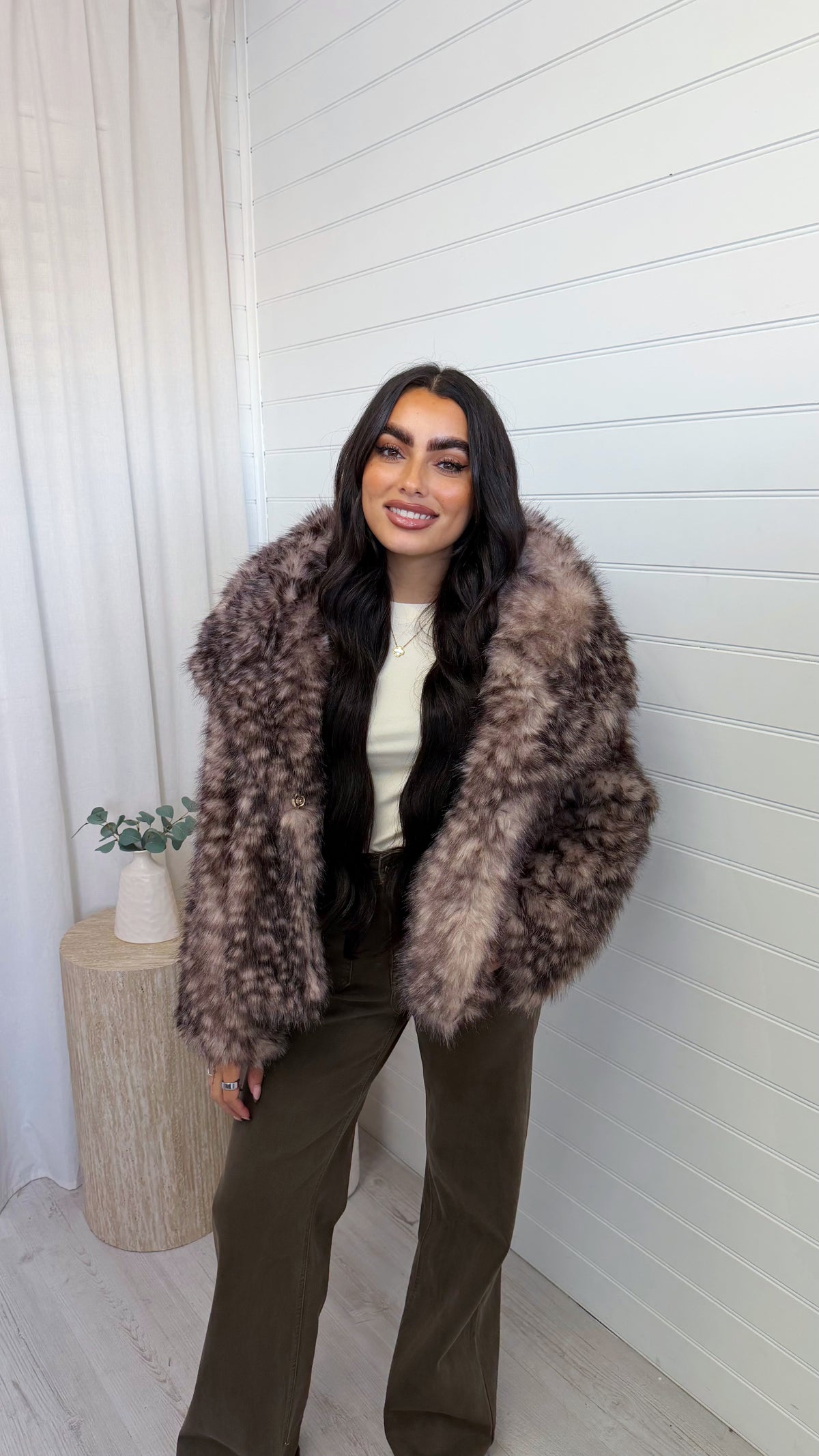 Fluffy Faux Fur Deer Print Coat - TAUPE