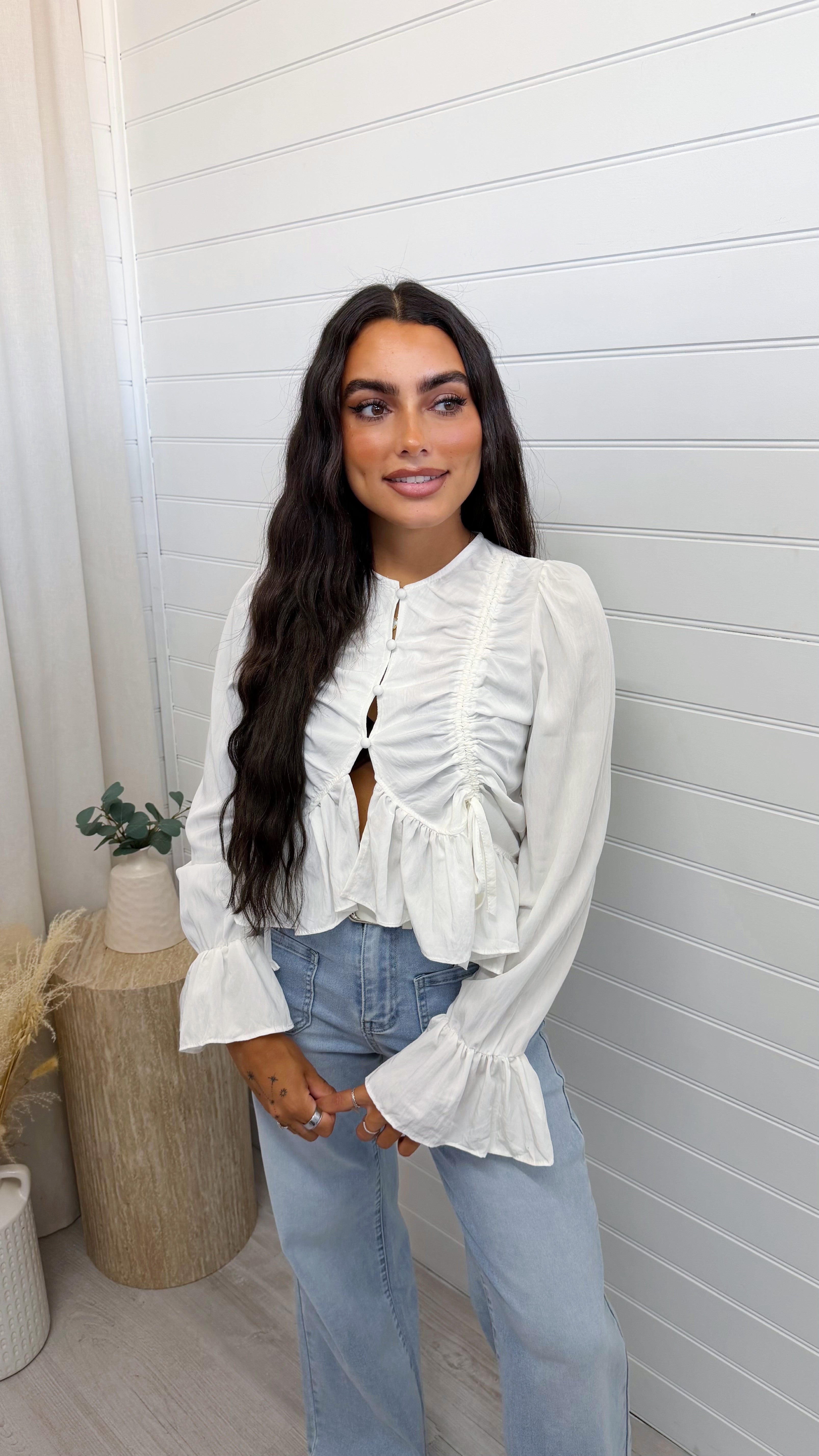 Ruched Frill Hem Cotton Top - WHITE