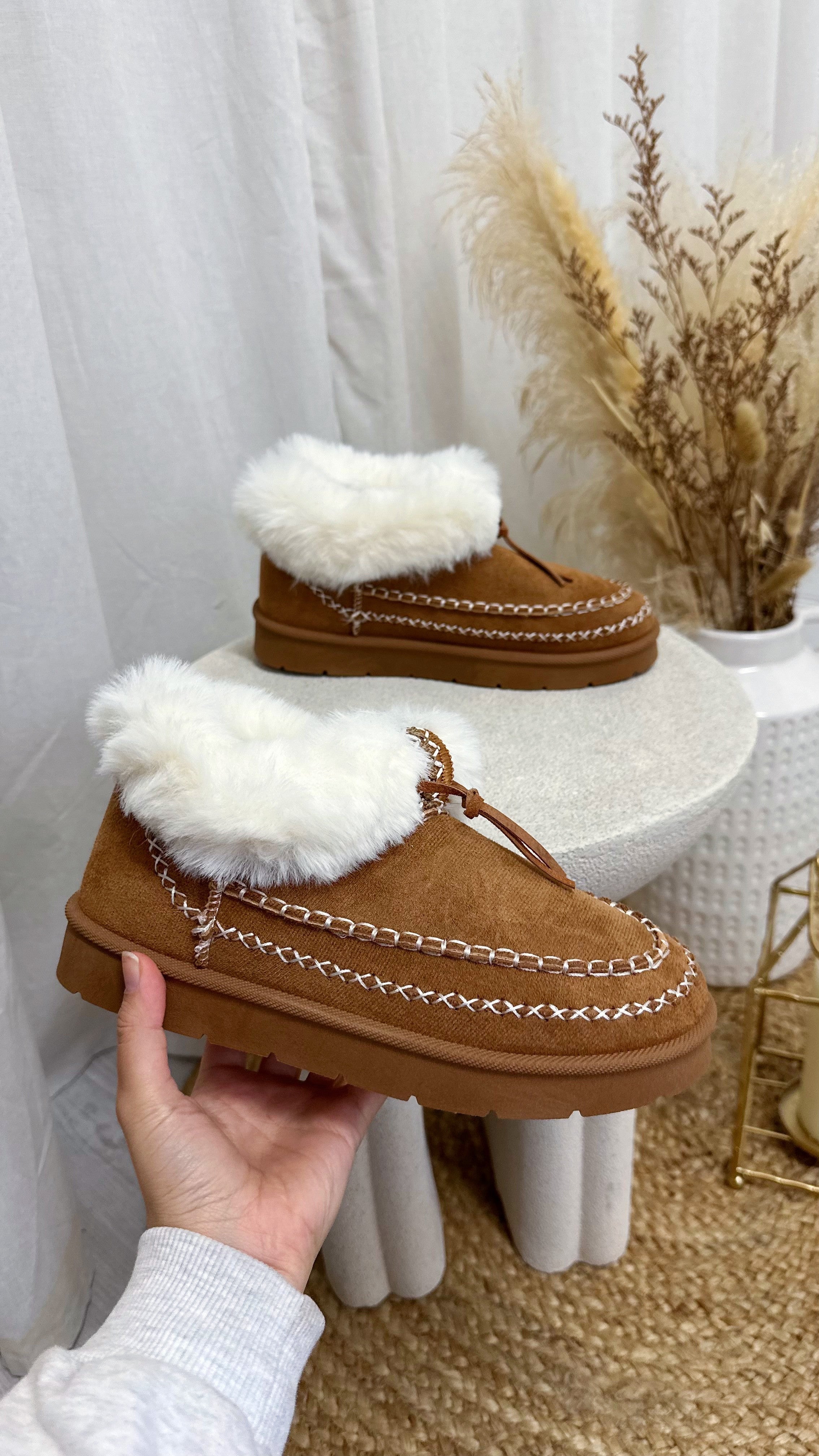 Embroidered Faux Fur Boots - CAMEL