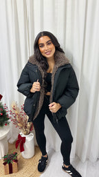 Fur Trim Chunky Bomber Jacket - BLACK/MOCHA
