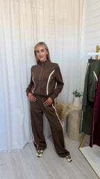 Contrast Stripe Jacket and Joggers Tracksuit - BROWN