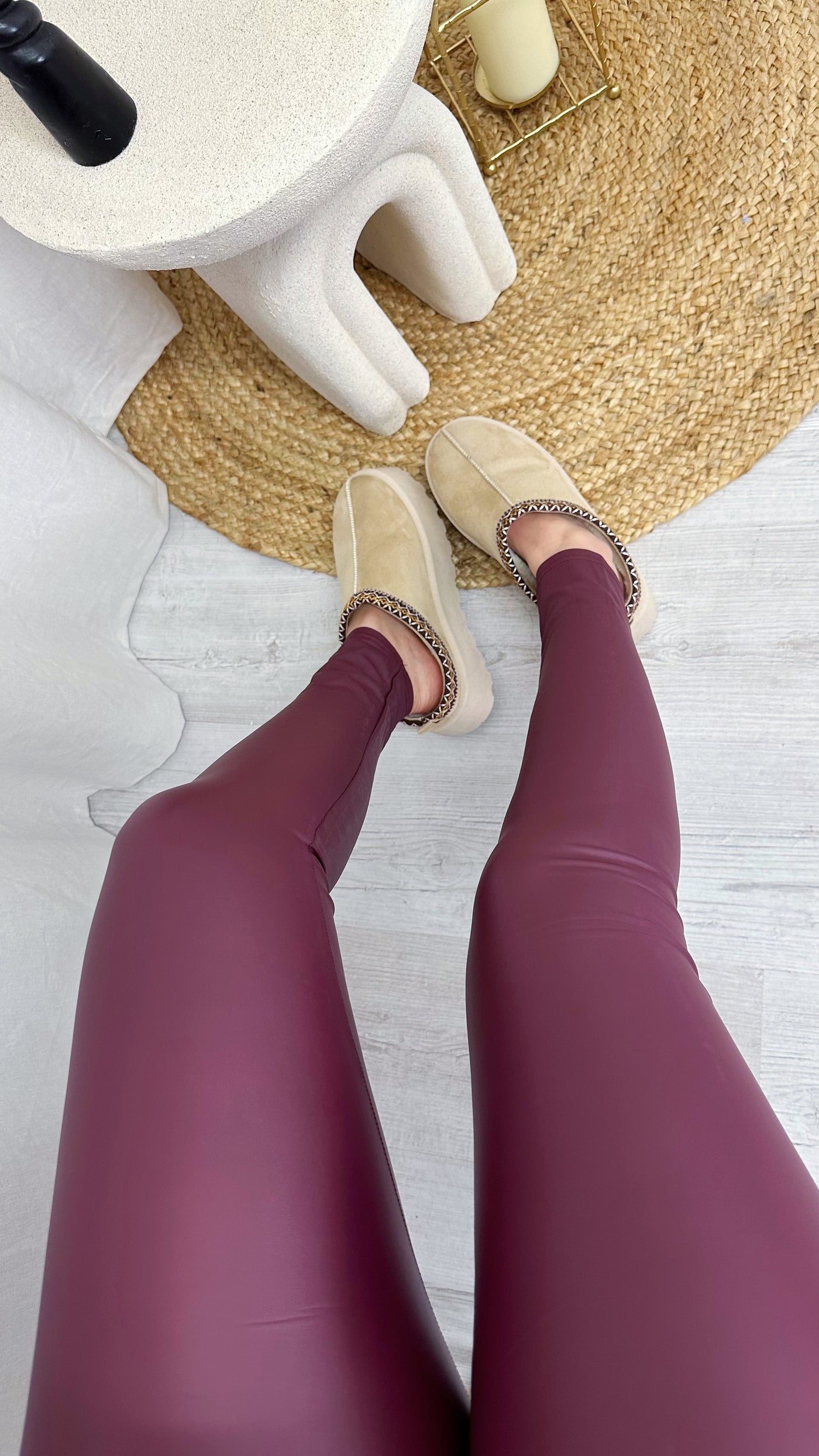 High Waisted Leather Look Leggings - WINE