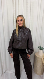 High Neck Puffed Leather Jacket - BROWN