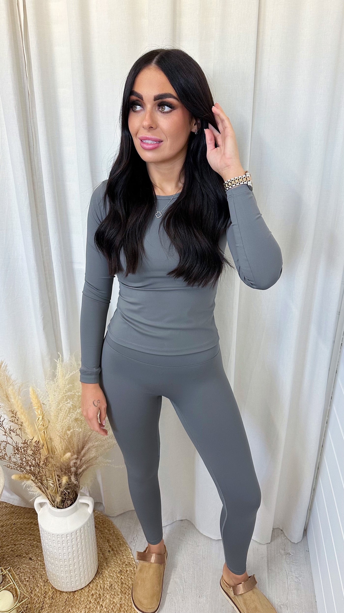 Long Sleeve Top and Leggings Activewear Set - GREY