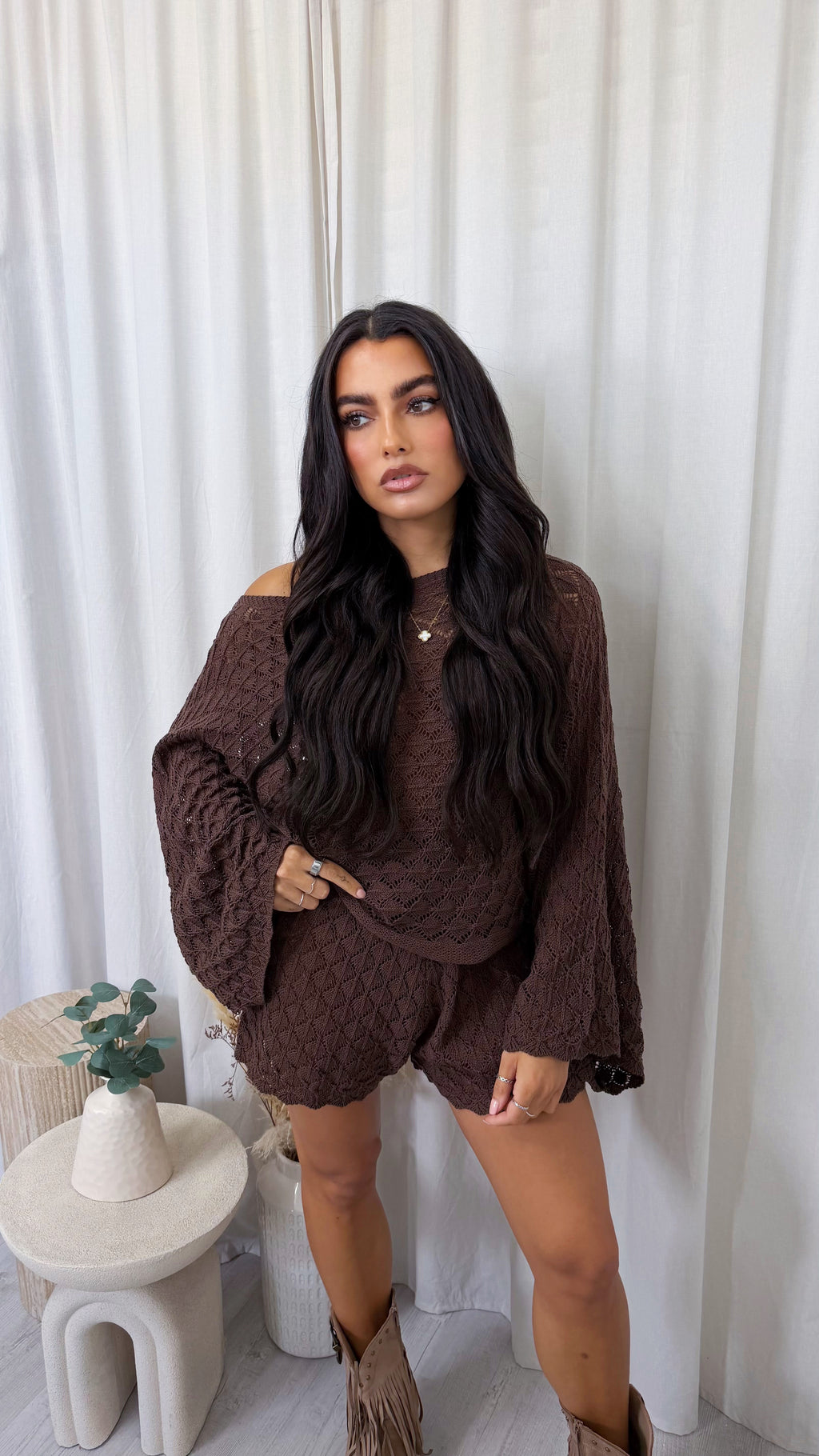 Crochet Knit Bardot Top and Shorts Co-Ord - BROWN
