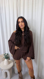 Crochet Knit Bardot Top and Shorts Co-Ord - BROWN
