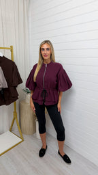Balloon Sleeve Frill Shacket - WINE