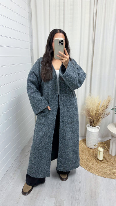 Oversized Long Line Wool Over Coat - GREY