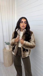 Deer Print Faux Fur Jacket - LIGHT BEIGE