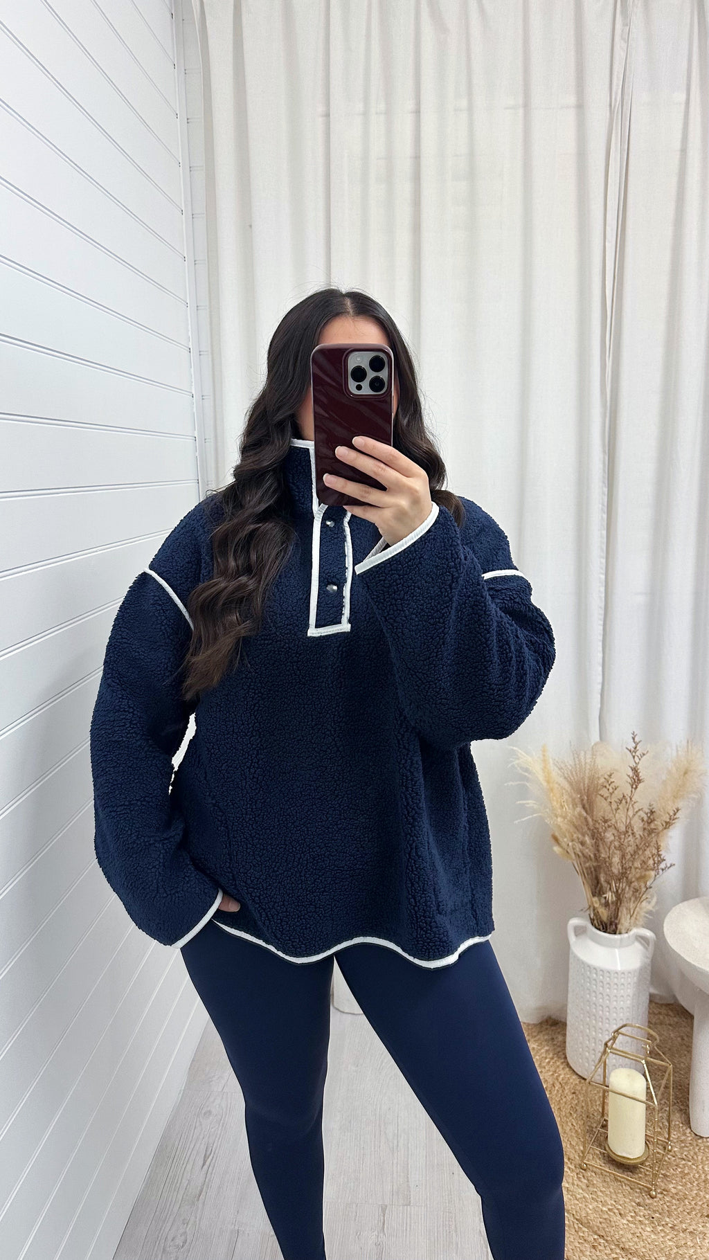 Borg Contrast Seam Sweatshirt - NAVY/WHITE