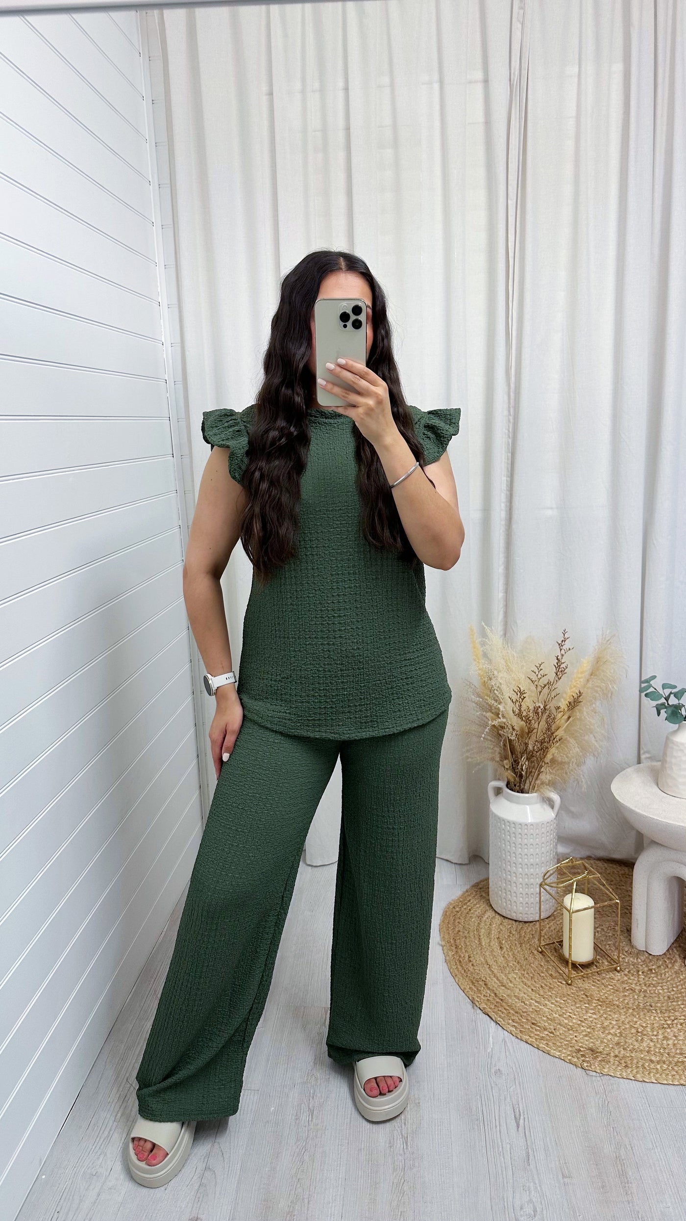 Cheesecloth Frill Shoulder Top and Trousers Co-Ord - KHAKI
