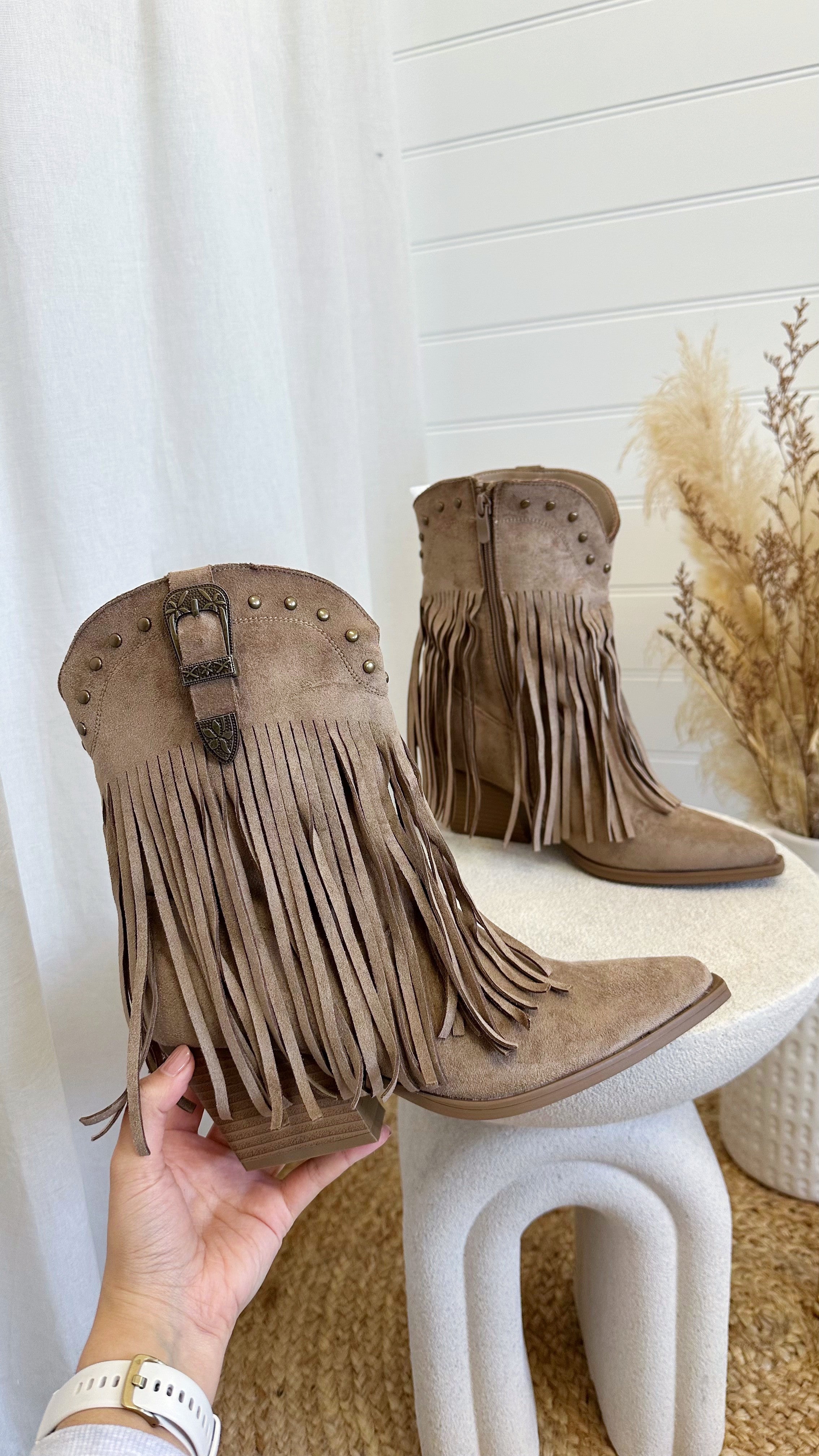 Western Fringe Cowboy Boots - TAUPE